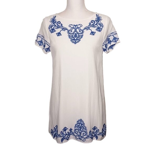 Lulus Tale to‎ Tell Embroidered Shift Mini Dress White & Blue Size S - Picture 5 of 14